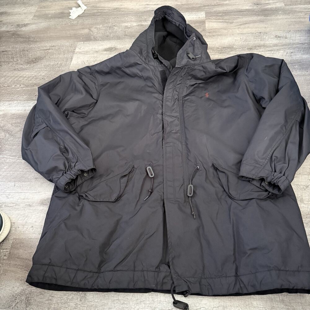 POLO Ralph Lauren Hooded Nylon Parka Mens XL Black Fleece-Lined 3/4 Length Pony